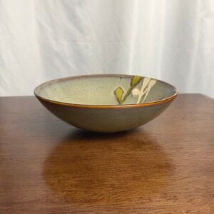 Handmade Studio Pottery Bowl Sage Green Cream Leaf Branch Motif 7" Cottage Gift